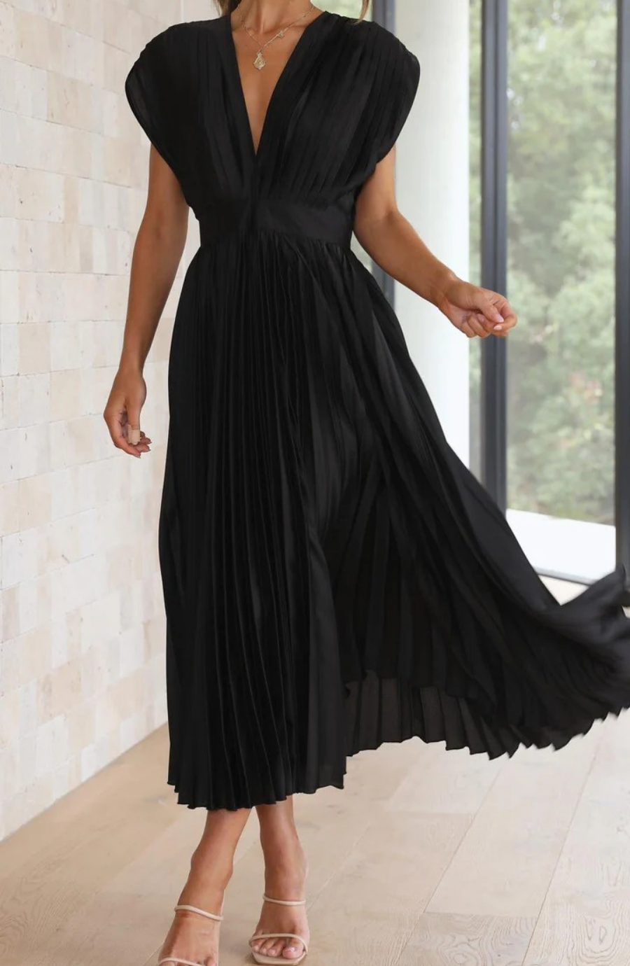 Pleated V Neck Wedding Guest Midi Dress