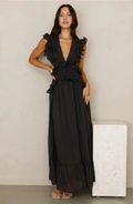 Ruffle Maxi Dress with Deep V-Neck and Flowy Skirt