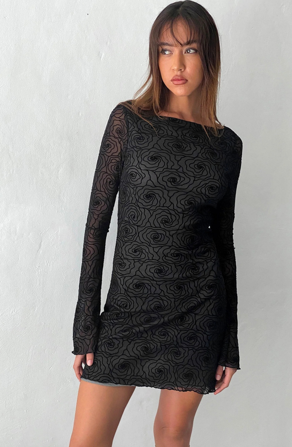 Vintage Floral Mesh Mini Dress with Flared Sleeves