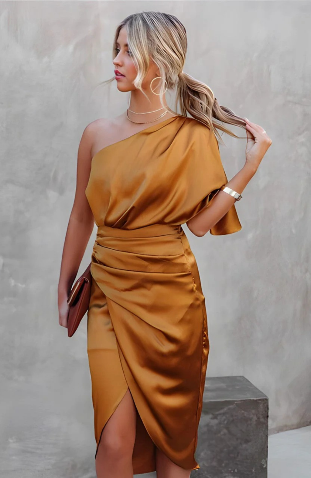 Elegant One Shoulder Satin Midi Dress