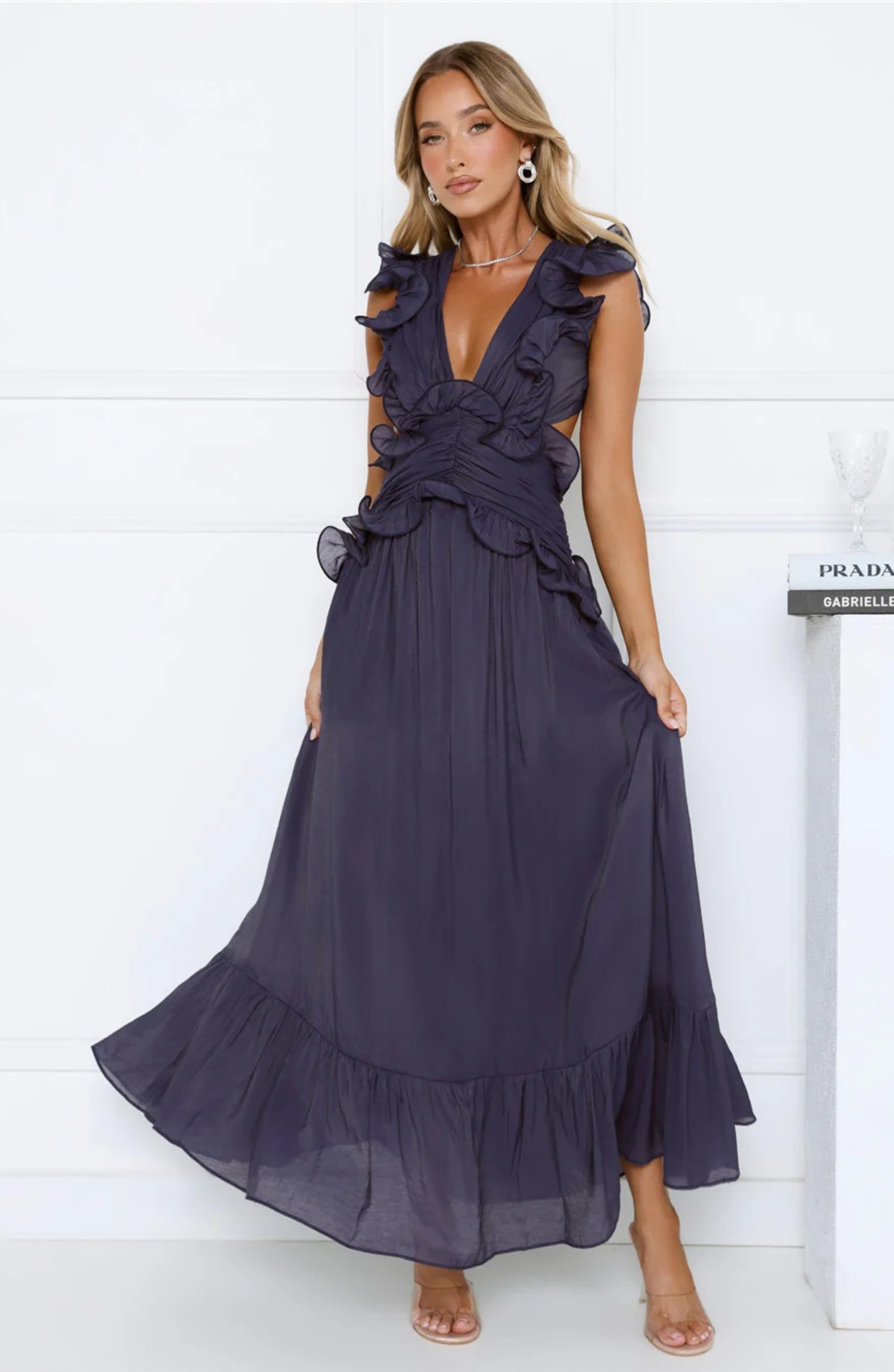 Ruffle Maxi Dress with Deep V-Neck and Flowy Skirt