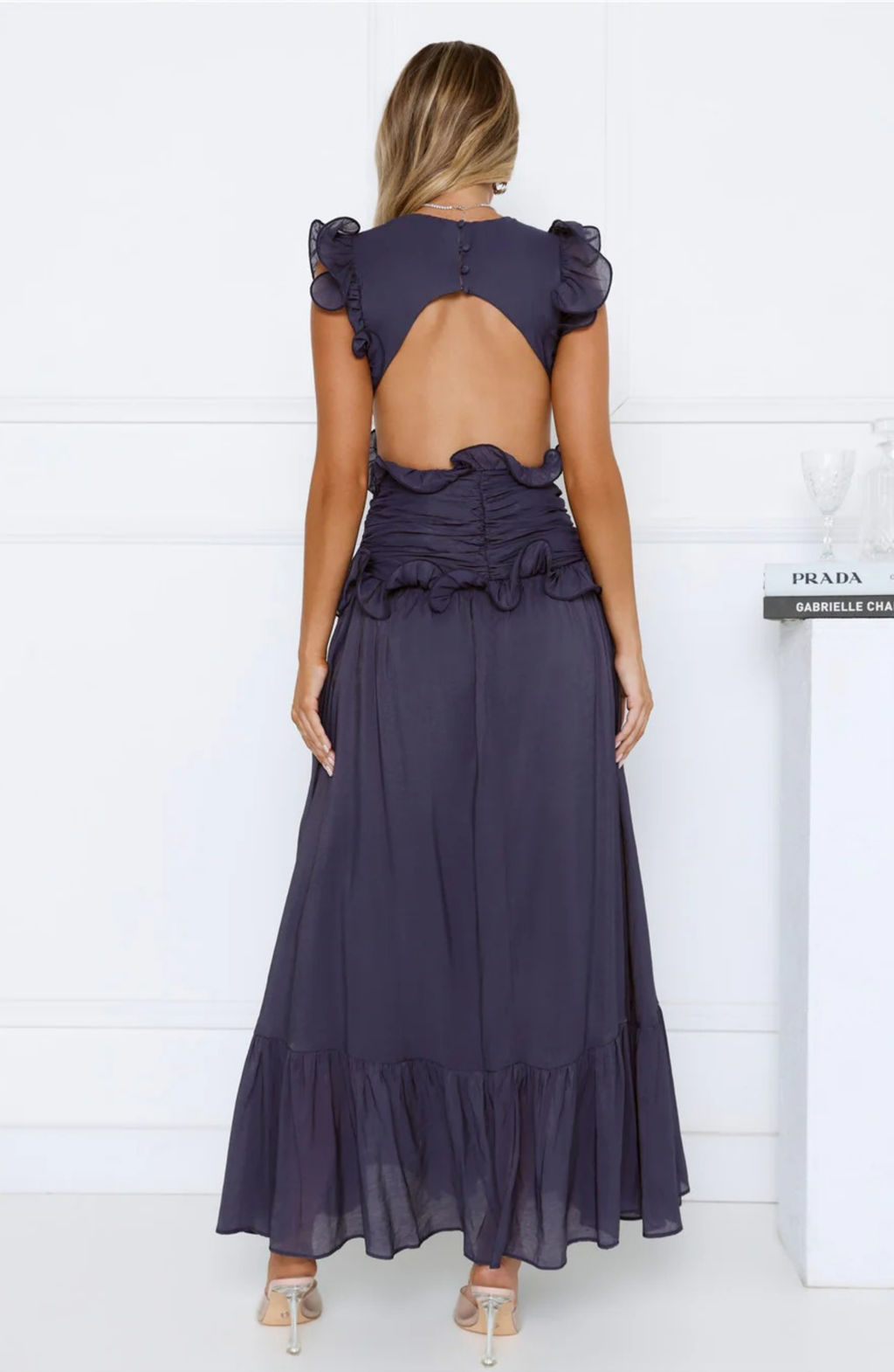 Ruffle Maxi Dress with Deep V-Neck and Flowy Skirt