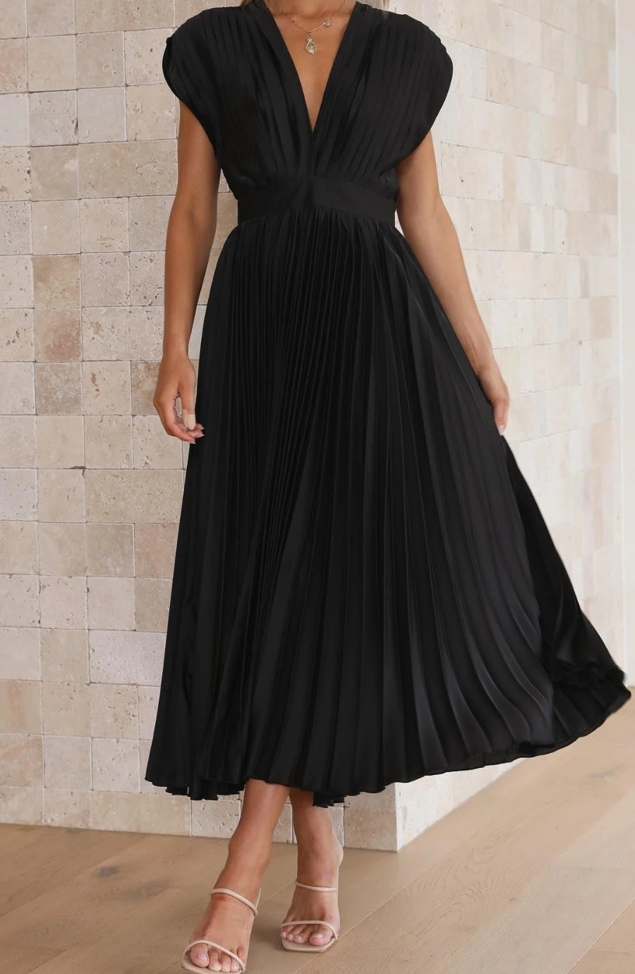 Pleated V Neck Wedding Guest Midi Dress