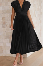 Pleated V Neck Wedding Guest Midi Dress
