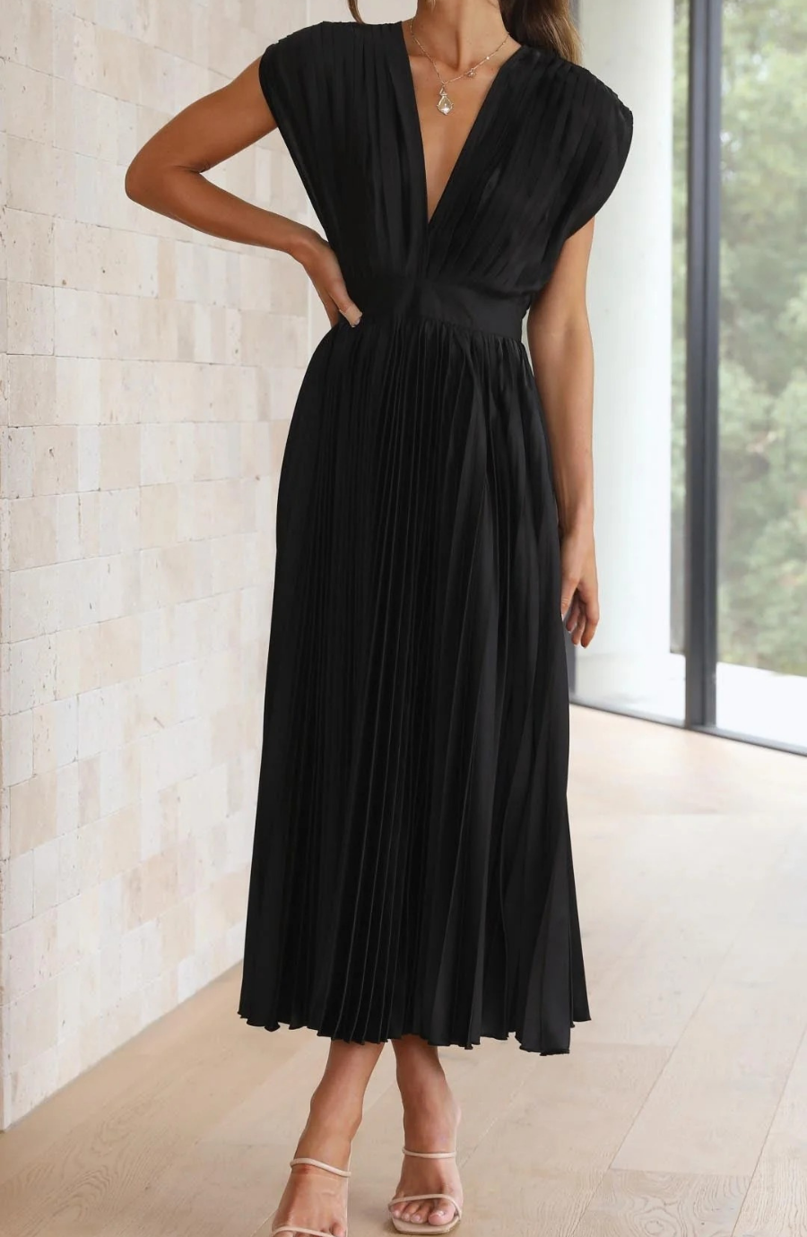Pleated V Neck Wedding Guest Midi Dress