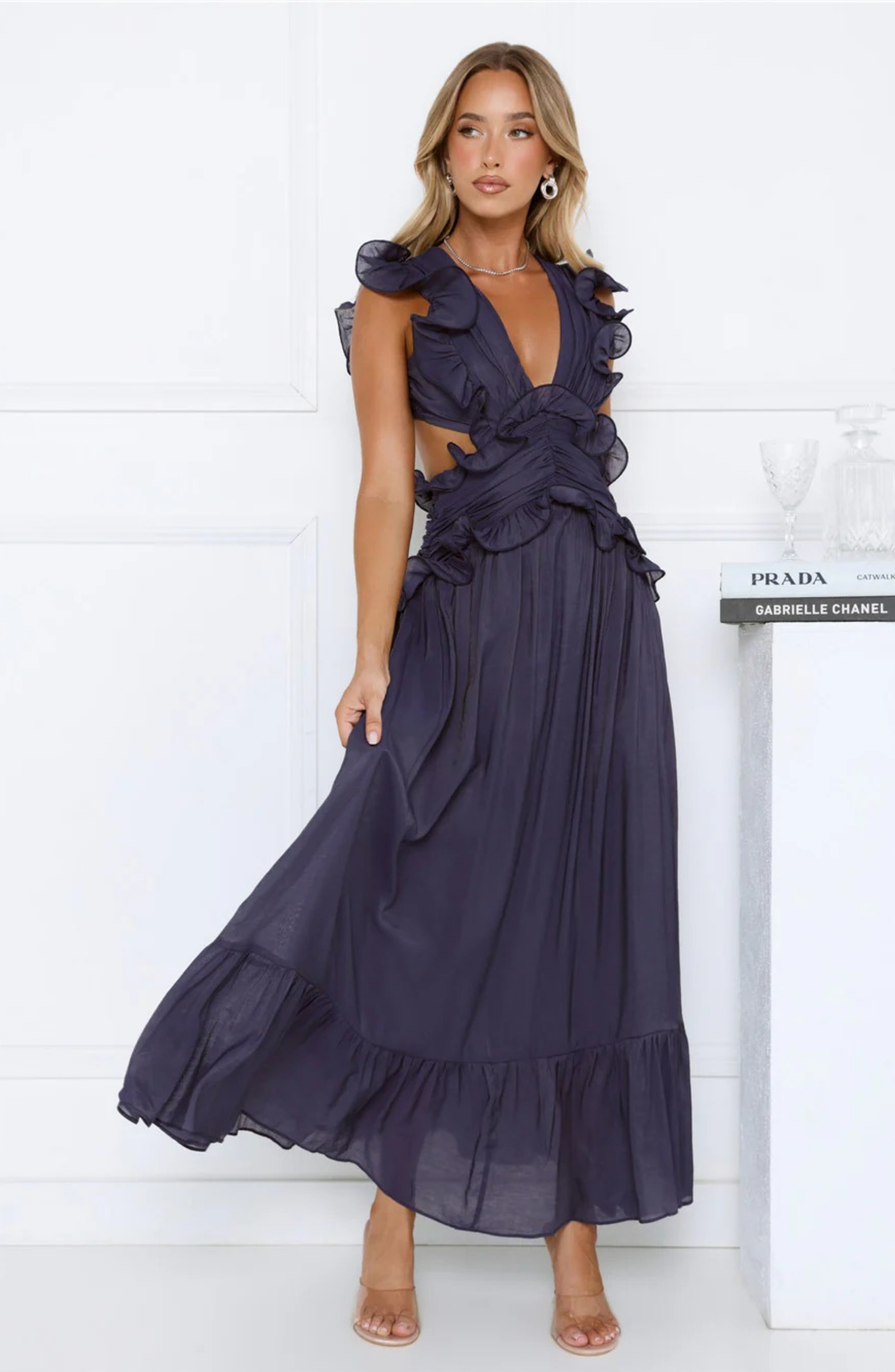 Ruffle Maxi Dress with Deep V-Neck and Flowy Skirt