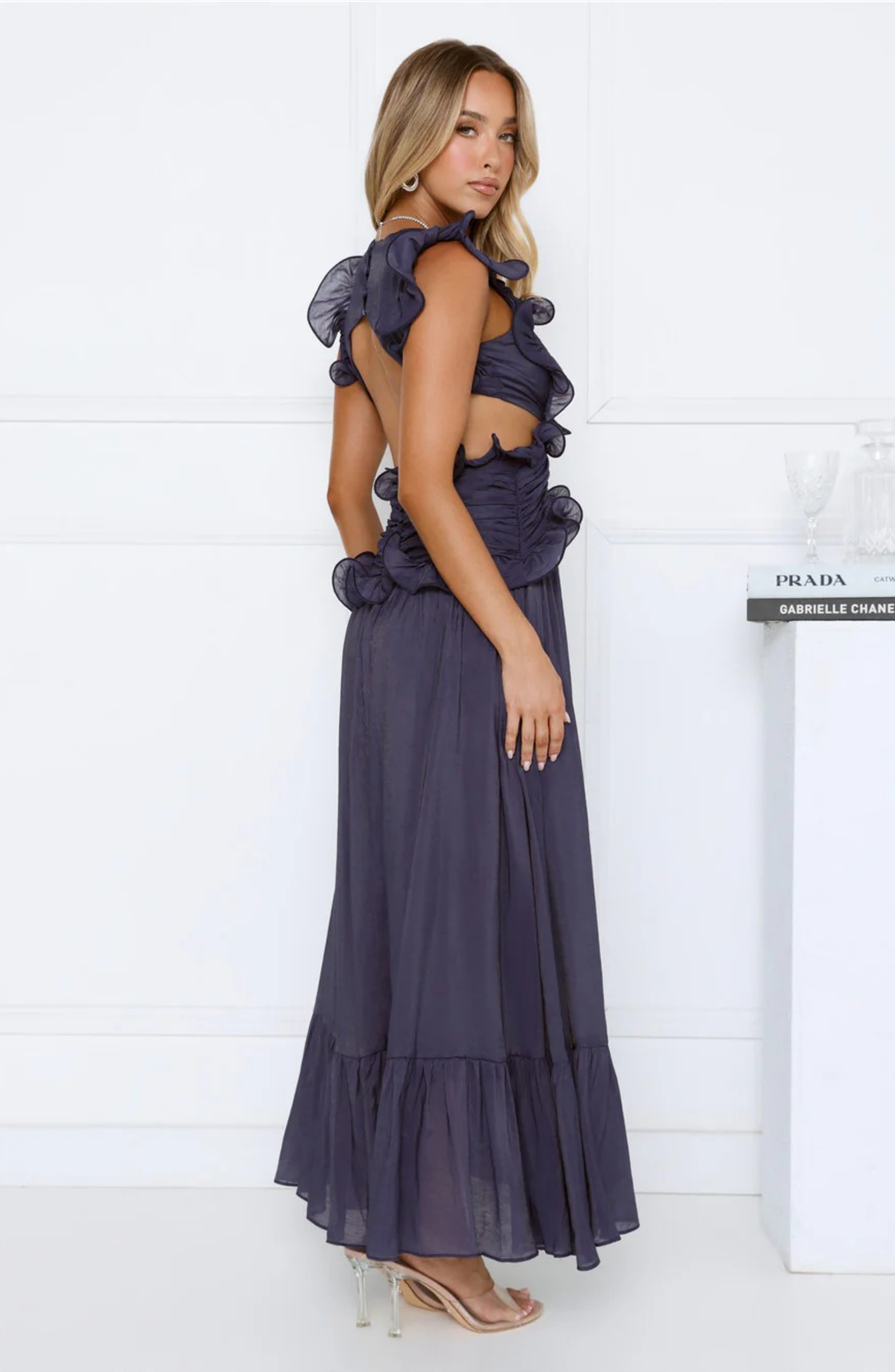 Ruffle Maxi Dress with Deep V-Neck and Flowy Skirt