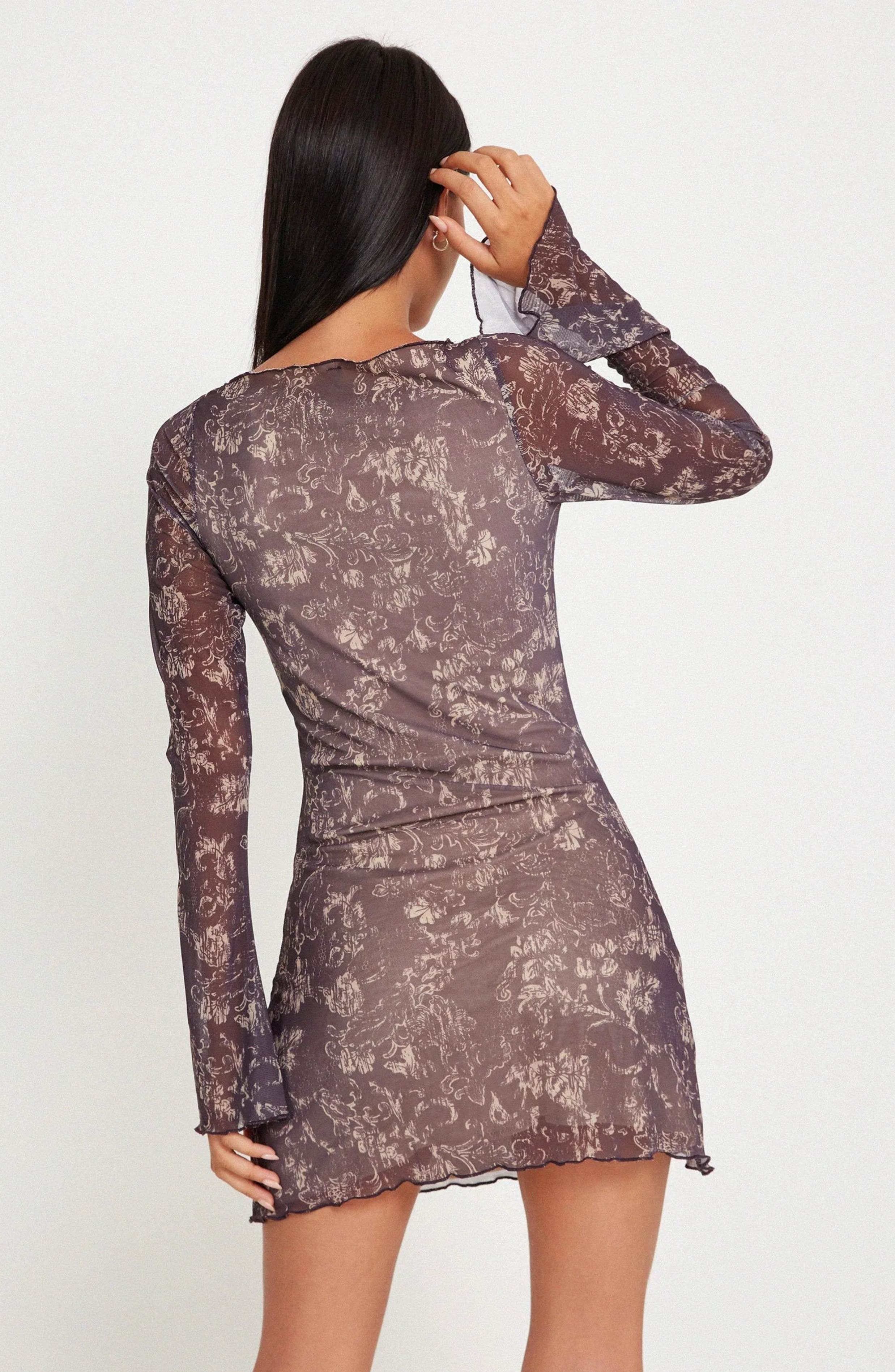 Vintage Floral Mesh Mini Dress with Flared Sleeves