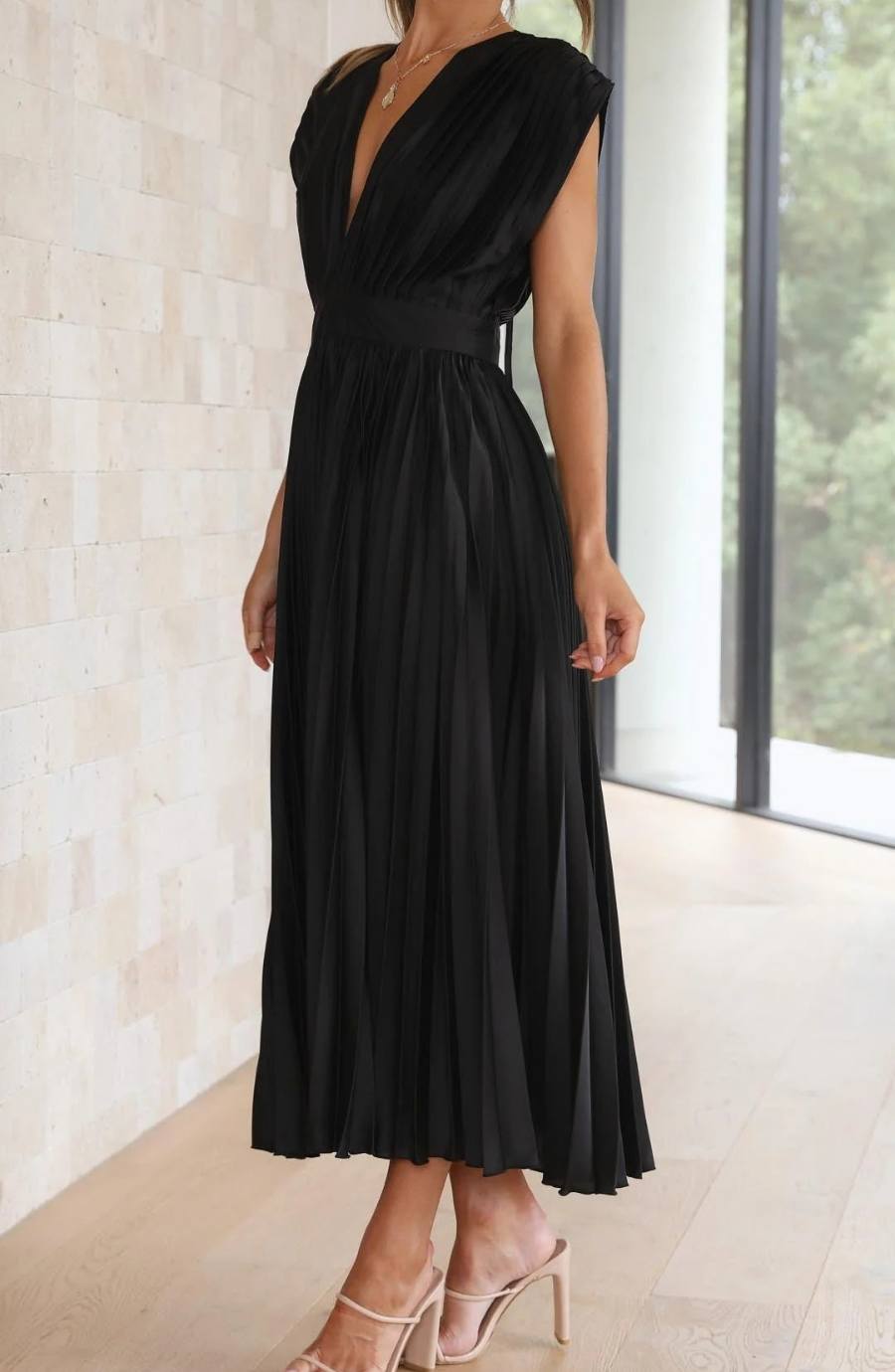 Pleated V Neck Wedding Guest Midi Dress