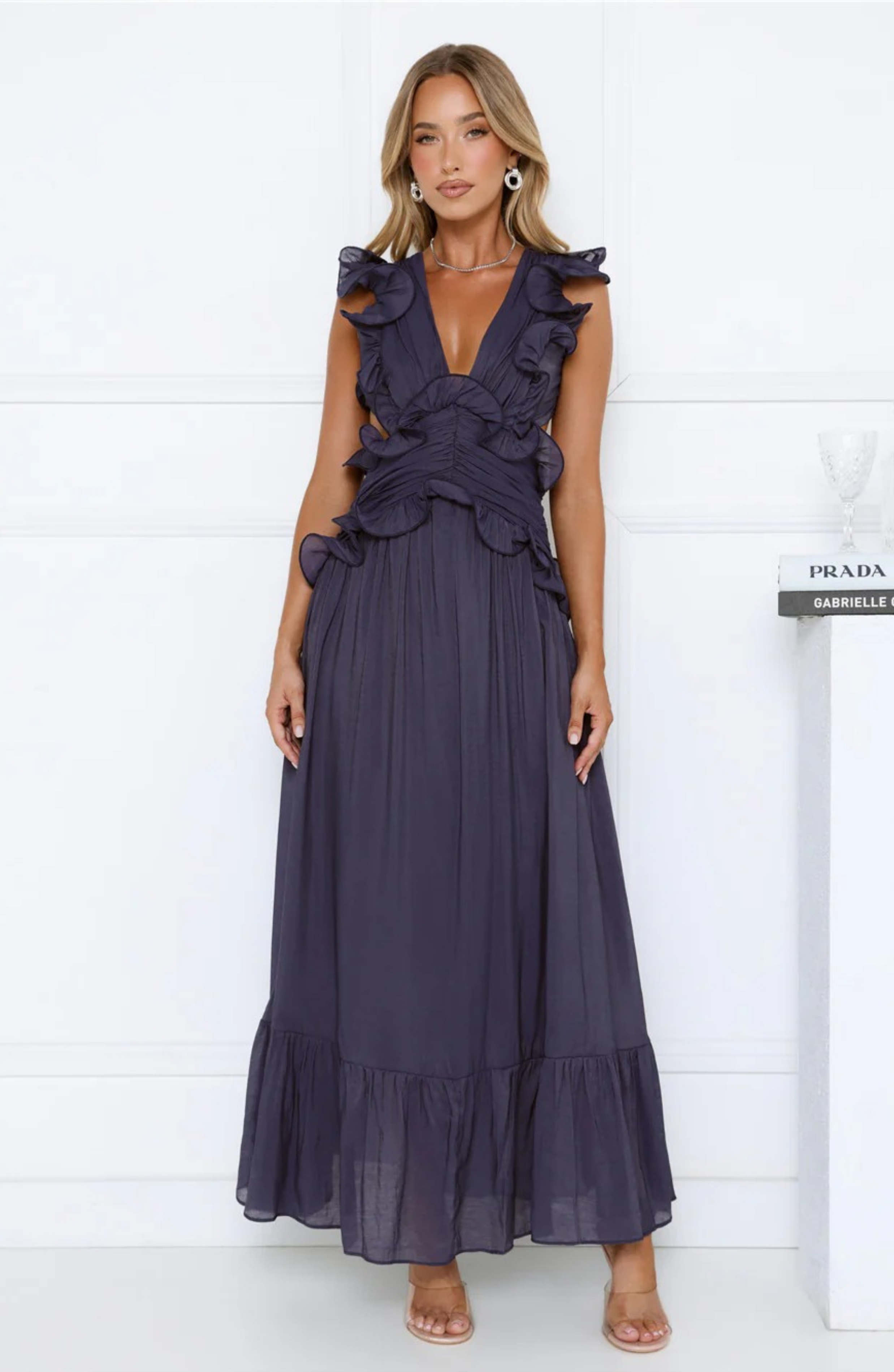 Ruffle Maxi Dress with Deep V-Neck and Flowy Skirt