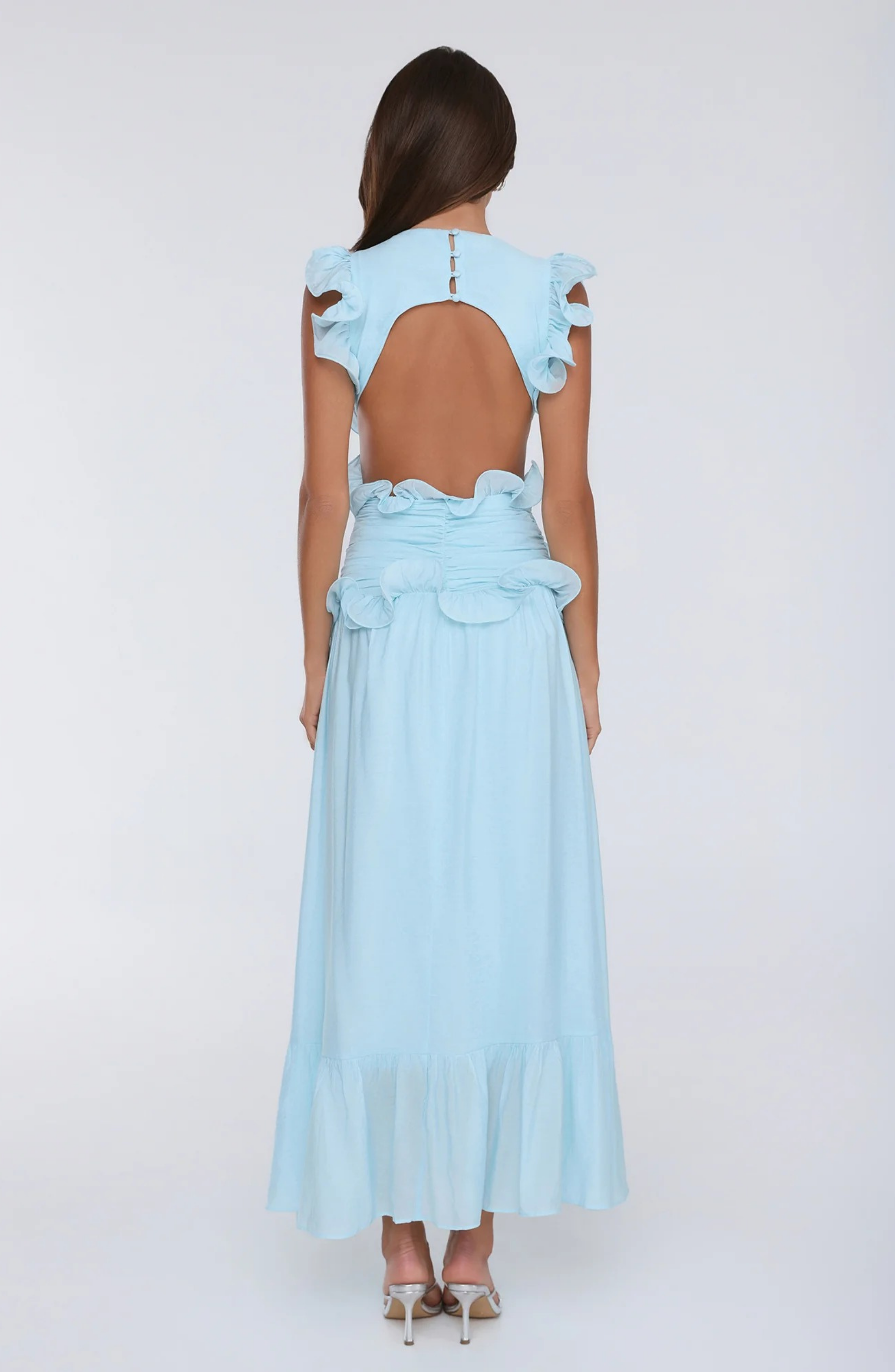 Ruffle Maxi Dress with Deep V-Neck and Flowy Skirt