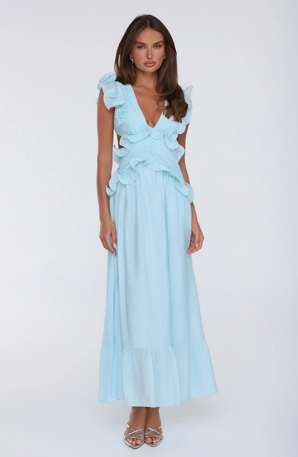 Ruffle Maxi Dress with Deep V-Neck and Flowy Skirt