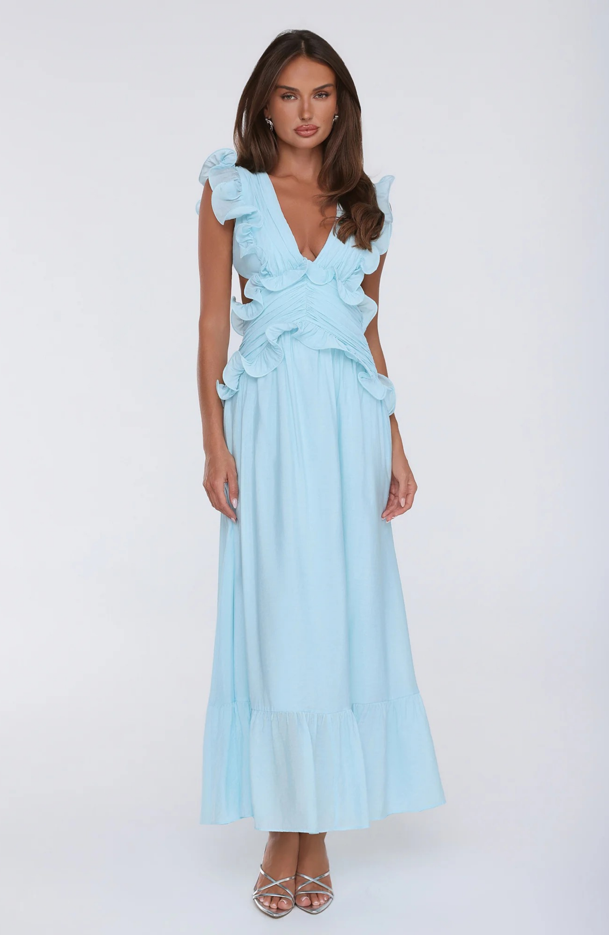 Ruffle Maxi Dress with Deep V-Neck and Flowy Skirt