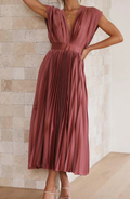 Pleated V Neck Wedding Guest Midi Dress