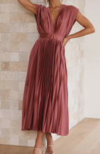 Pleated V Neck Wedding Guest Midi Dress