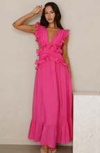 Ruffle Maxi Dress with Deep V-Neck and Flowy Skirt