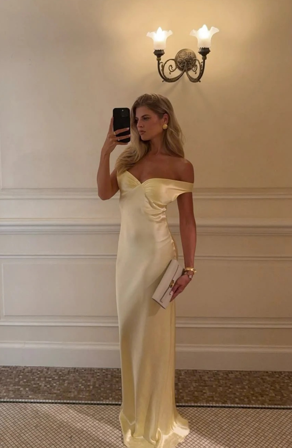 Ruched Off Shoulder Satin Maxi Dress