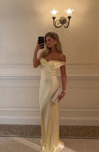 Ruched Off Shoulder Satin Maxi Dress