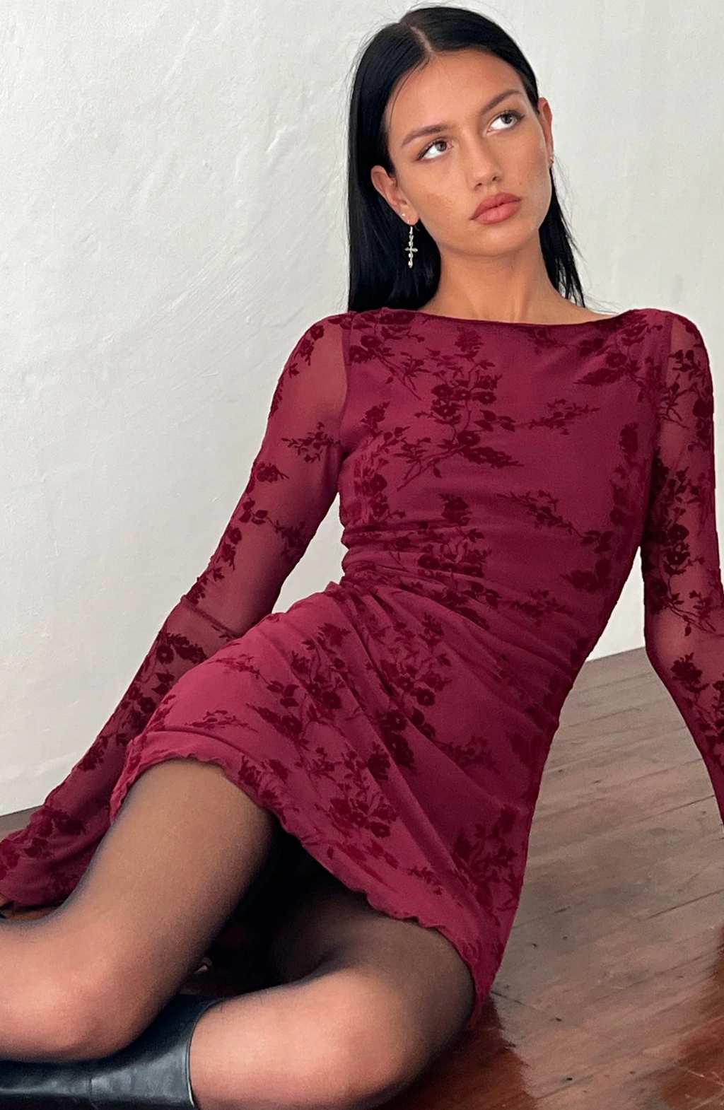 Vintage Floral Mesh Mini Dress with Flared Sleeves
