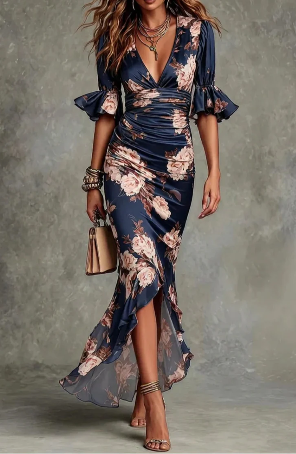 Floral Ruffle Sleeve V Neck Satin Maxi Dress