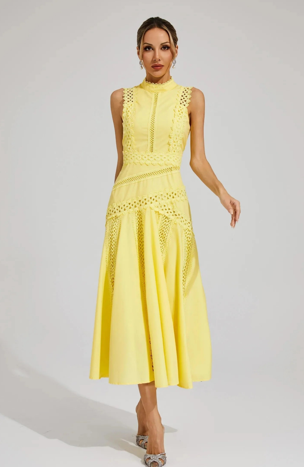 Romantic White Lace Midi Dress with Feminine A-Line Fit