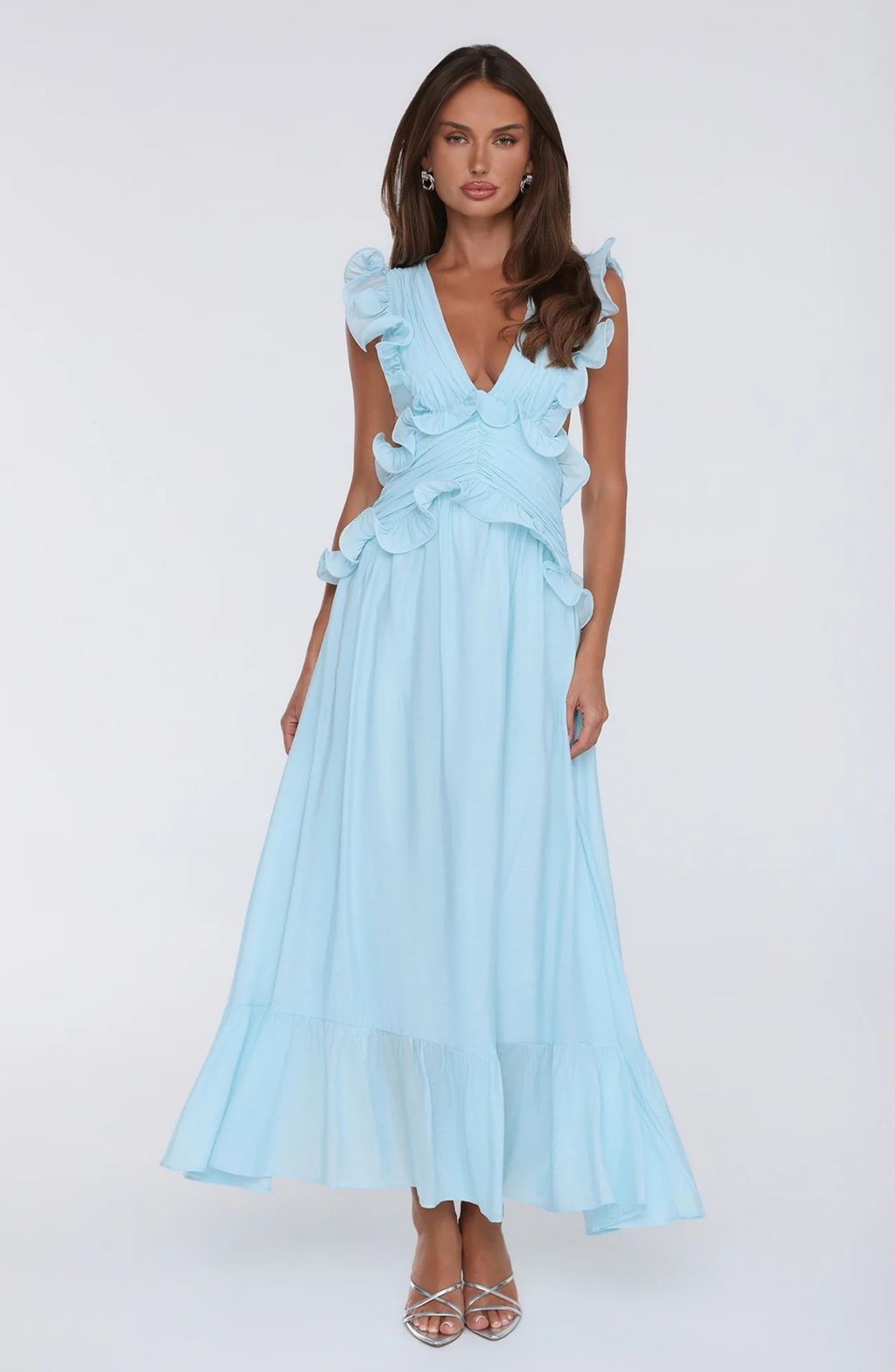 Ruffle Maxi Dress with Deep V-Neck and Flowy Skirt