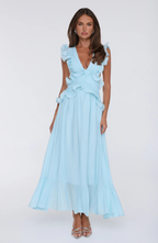 Ruffle Maxi Dress with Deep V-Neck and Flowy Skirt