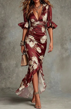 Floral Ruffle Sleeve V Neck Satin Maxi Dress