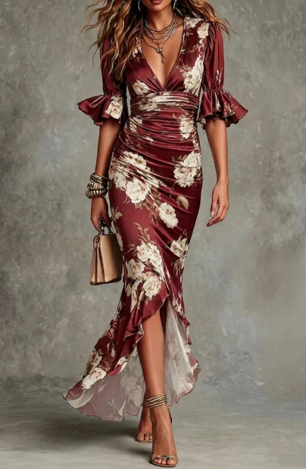 Floral Ruffle Sleeve V Neck Satin Maxi Dress