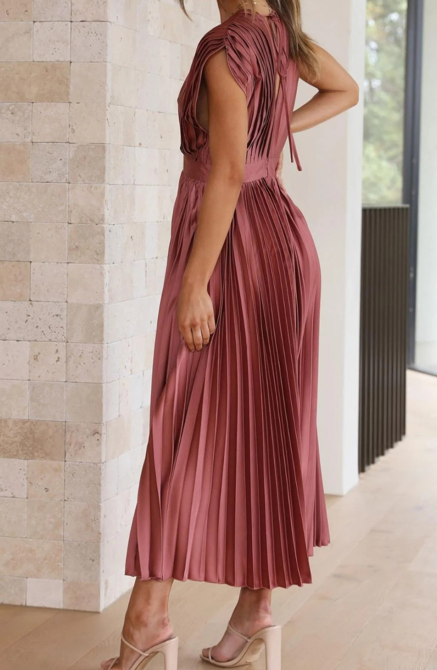 Pleated V Neck Wedding Guest Midi Dress