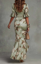 Floral Ruffle Sleeve V Neck Satin Maxi Dress