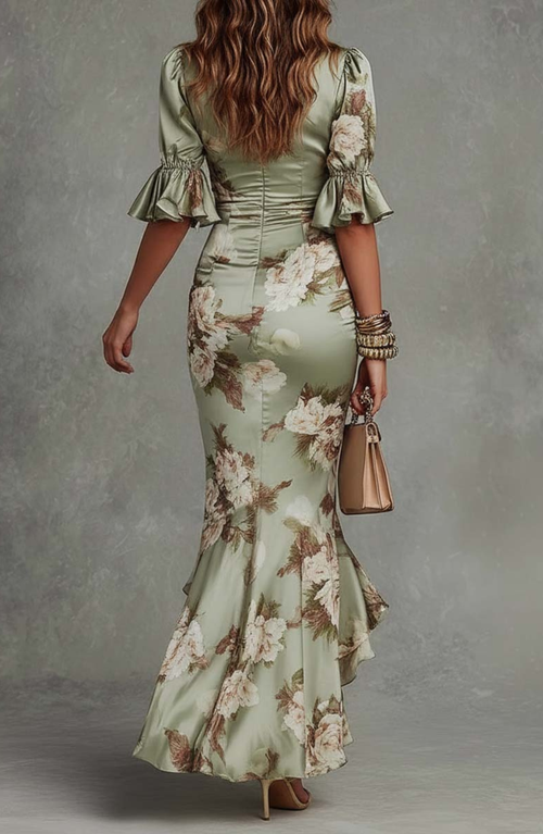 Floral Ruffle Sleeve V Neck Satin Maxi Dress