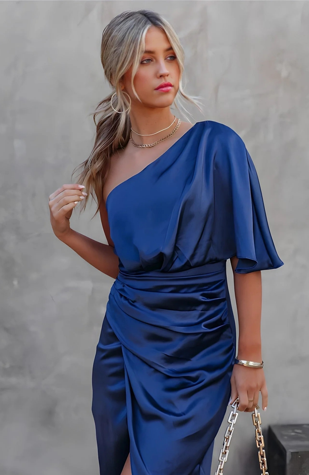 Elegant One Shoulder Satin Midi Dress
