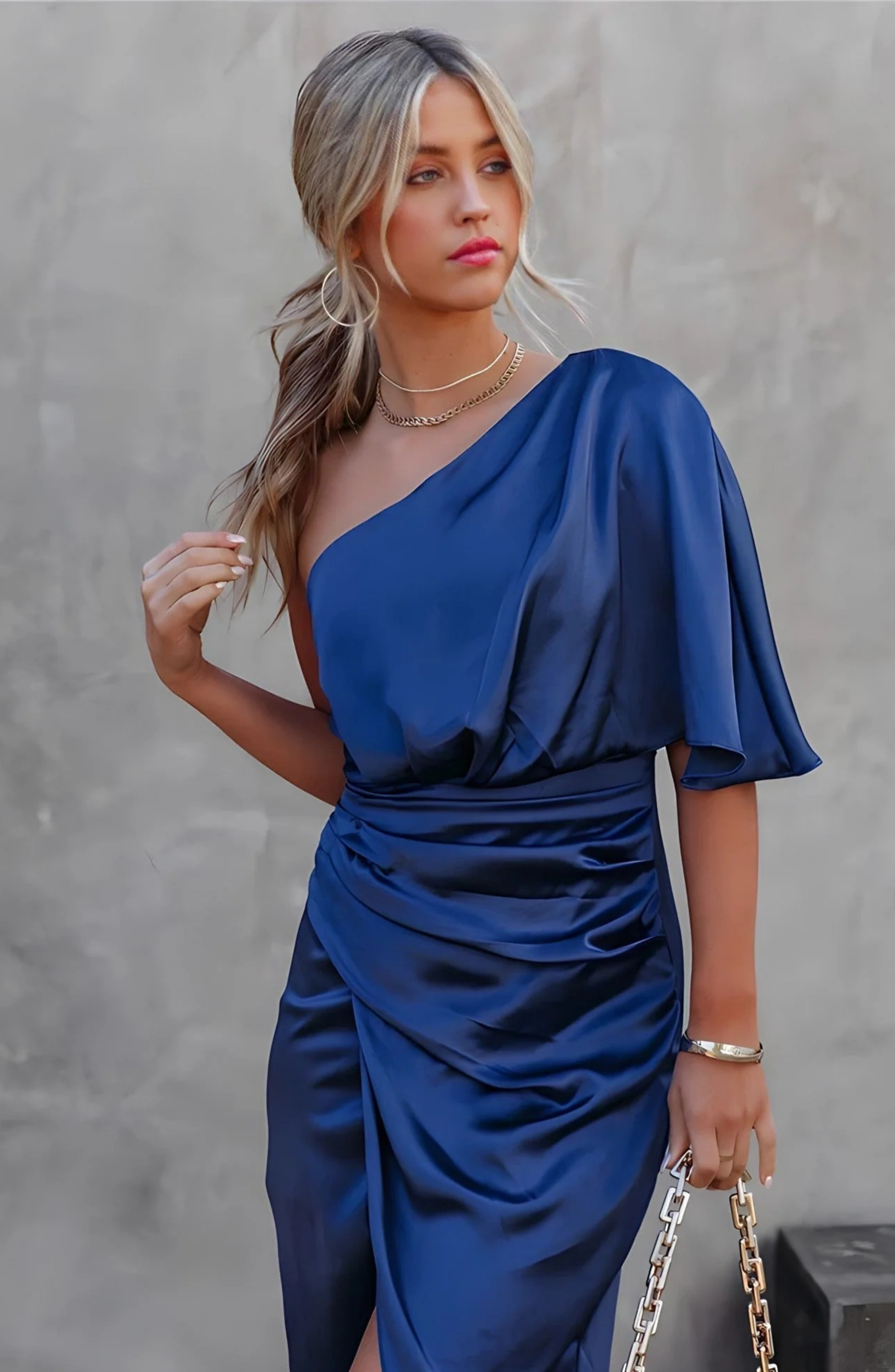 Elegant One Shoulder Satin Midi Dress