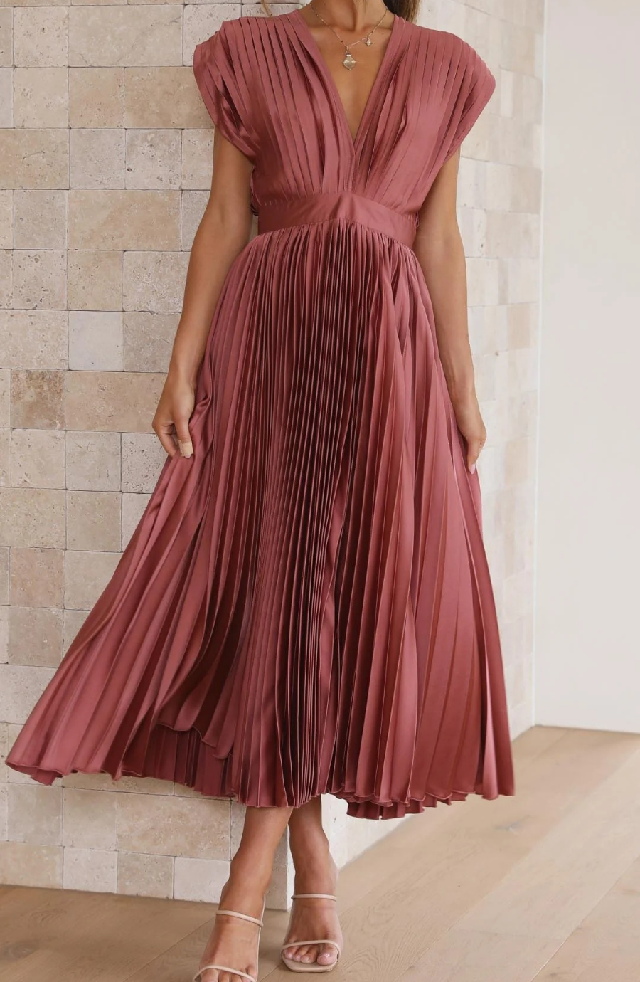 Pleated V Neck Wedding Guest Midi Dress
