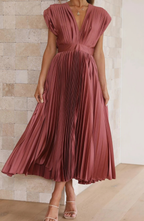 Pleated V Neck Wedding Guest Midi Dress
