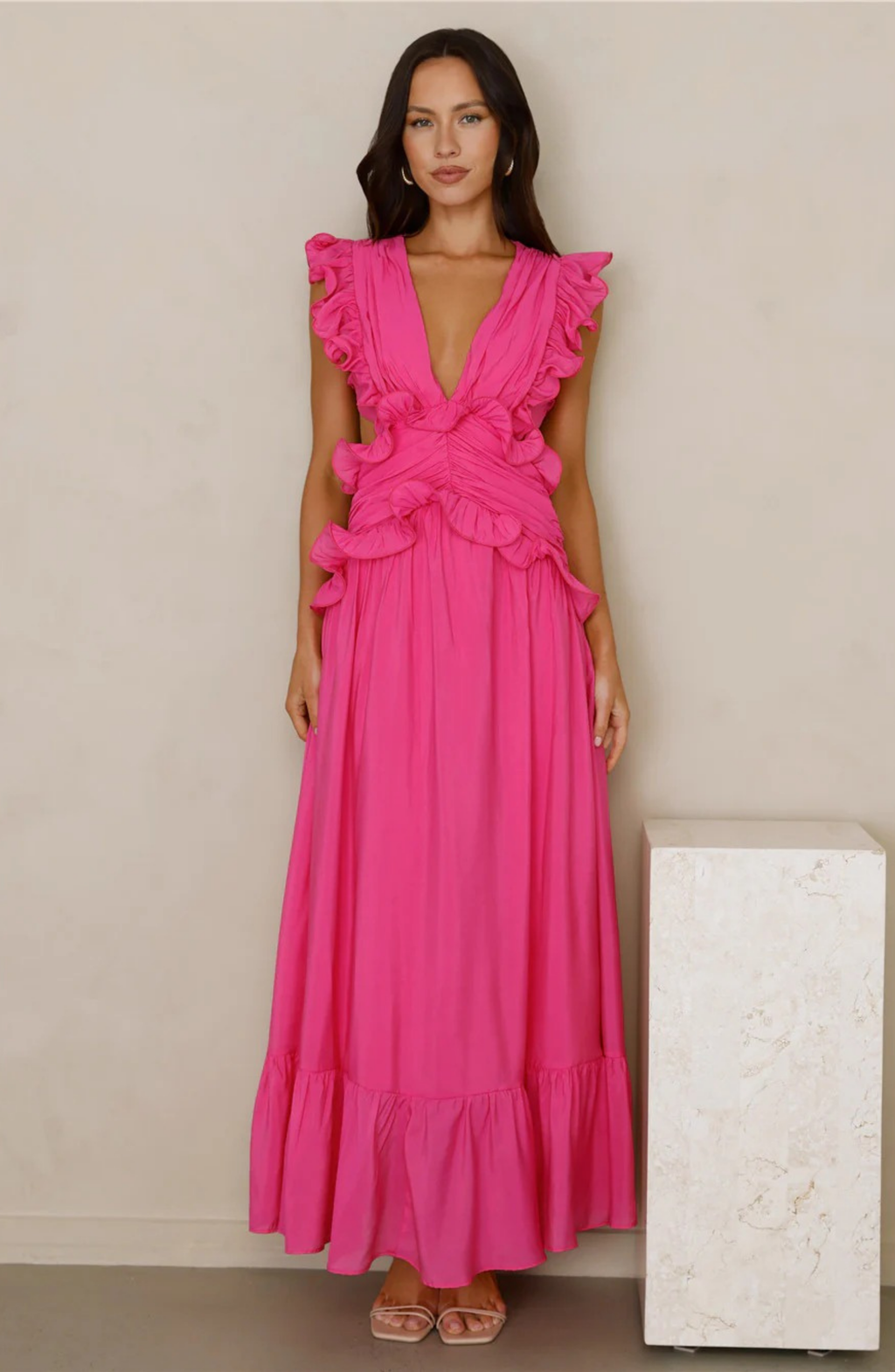 Ruffle Maxi Dress with Deep V-Neck and Flowy Skirt