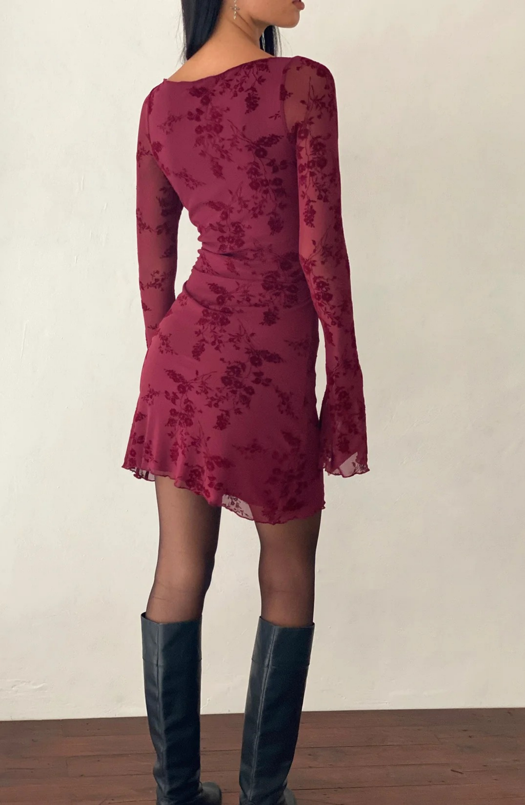 Vintage Floral Mesh Mini Dress with Flared Sleeves