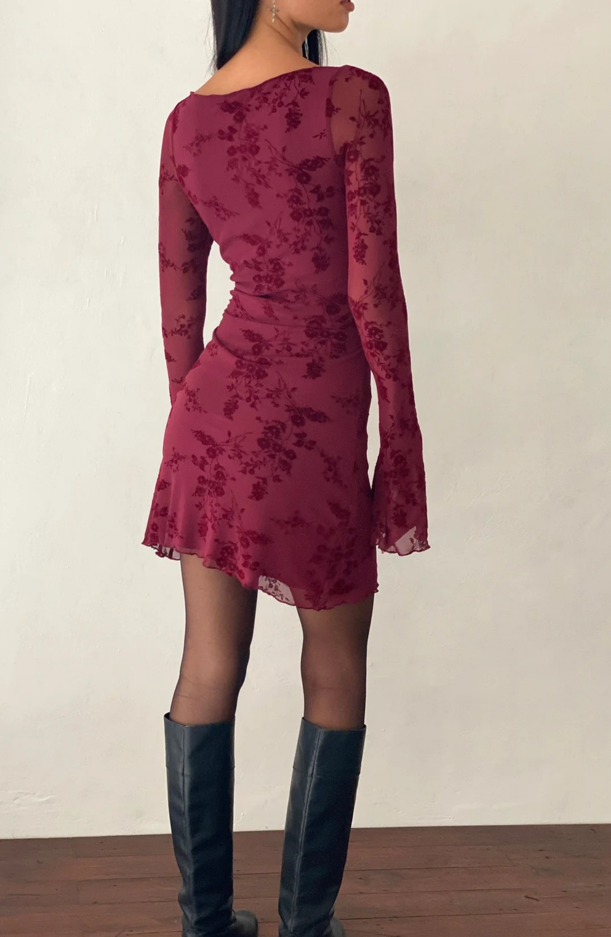 Vintage Floral Mesh Mini Dress with Flared Sleeves