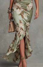 Floral Ruffle Sleeve V Neck Satin Maxi Dress