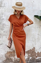 Wrap V Neck Wedding Guest Midi Dress