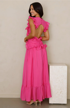 Ruffle Maxi Dress with Deep V-Neck and Flowy Skirt