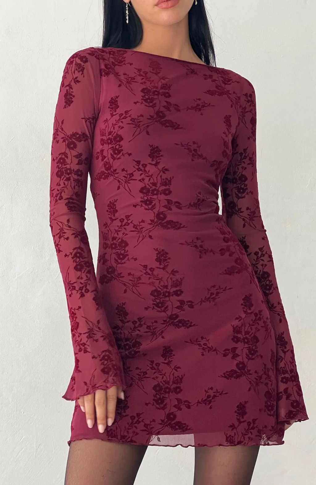 Vintage Floral Mesh Mini Dress with Flared Sleeves