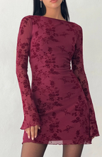 Vintage Floral Mesh Mini Dress with Flared Sleeves