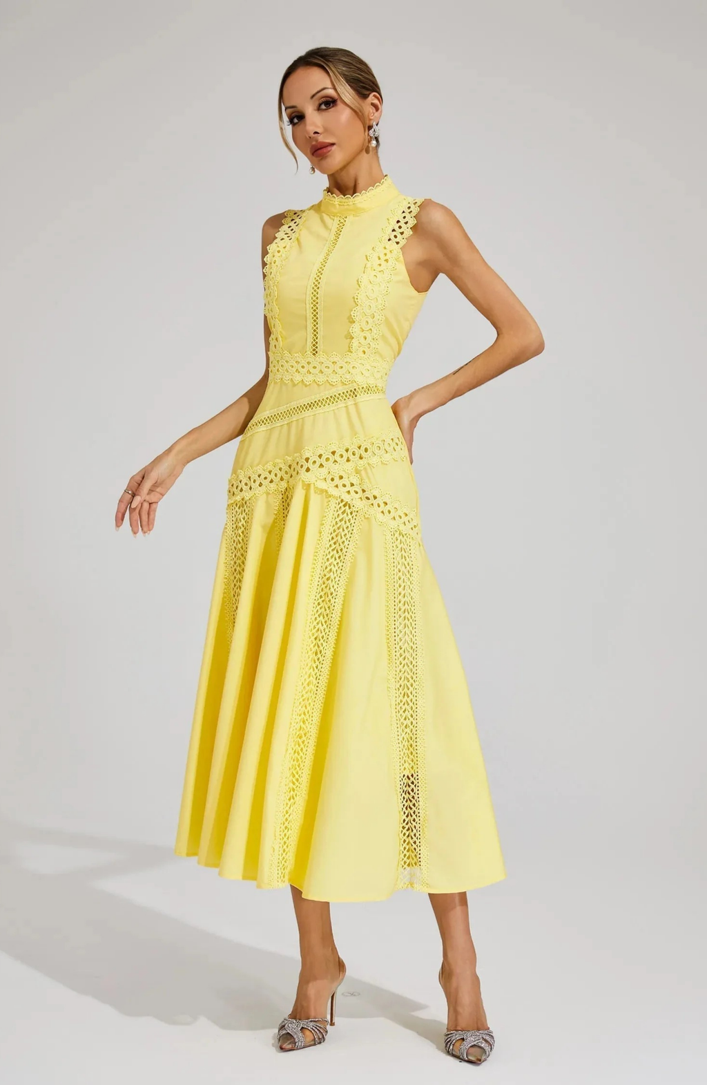 Romantic White Lace Midi Dress with Feminine A-Line Fit