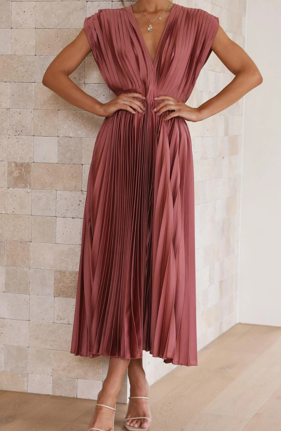 Pleated V Neck Wedding Guest Midi Dress