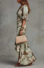 Floral Ruffle Sleeve V Neck Satin Maxi Dress