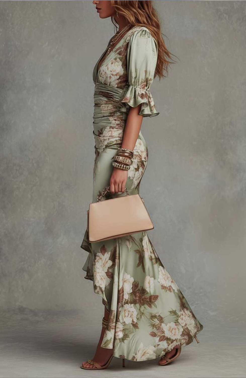 Floral Ruffle Sleeve V Neck Satin Maxi Dress