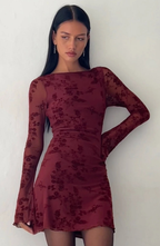 Vintage Floral Mesh Mini Dress with Flared Sleeves