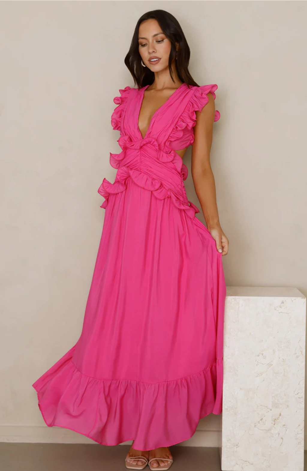 Ruffle Maxi Dress with Deep V-Neck and Flowy Skirt